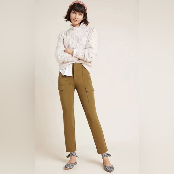 Anthropologie Green Cargo Trousers High-Waisted Slim-Fit - Picture 1 of 4